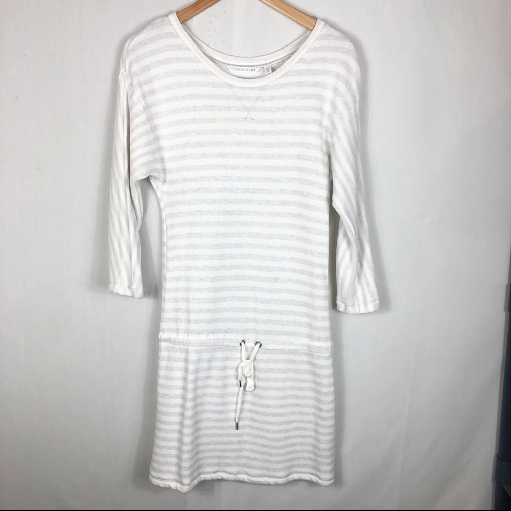 Victoria Secret Striped Drawstring Lounge Dress | White Grey | Size Small